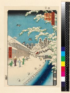 TH Riches 1913 Ulice Yabu, Atago, tisk č. 112 ze série "100 pohledů na slavná místa v Edu" ("Meisho Edo hyakkei"), vydal Uoya Eikichi, 1857 (velikost obanu, barevný dřevoryt)